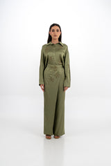 Draped Satin Pants with Metallic Leaf Embellishments