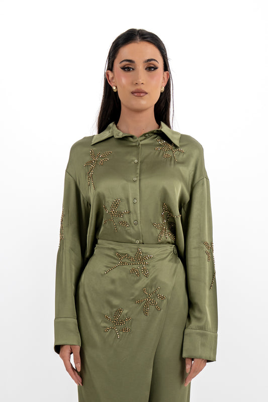 Embellished Satin Shirt with Metallic Leaf Embellishments