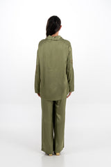 Embellished Satin Shirt with Metallic Leaf Embellishments