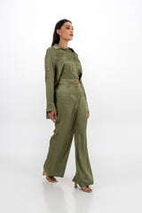 Embellished Satin Shirt with Metallic Leaf Embellishments