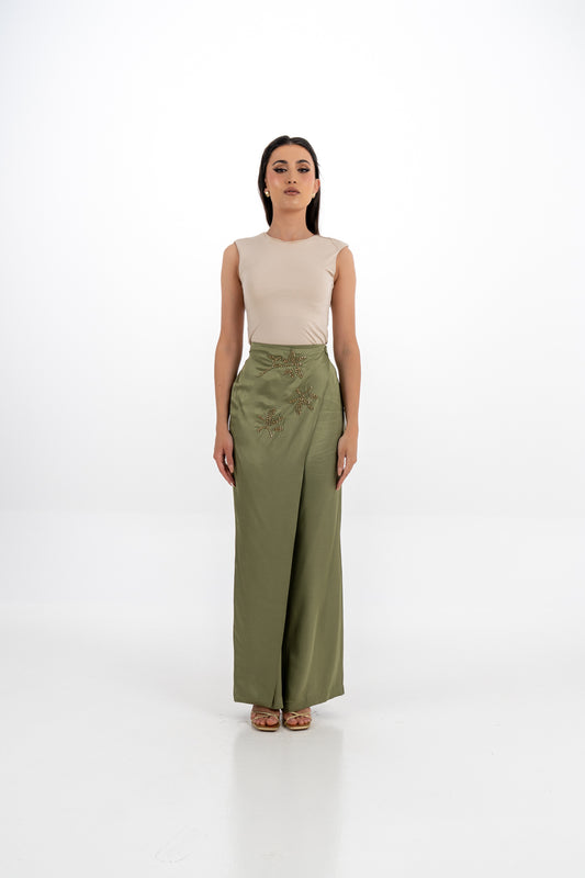 Draped Satin Pants with Metallic Leaf Embellishments