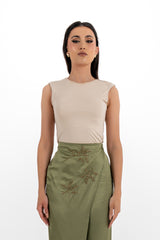 Draped Satin Pants with Metallic Leaf Embellishments