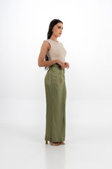 Draped Satin Pants with Metallic Leaf Embellishments