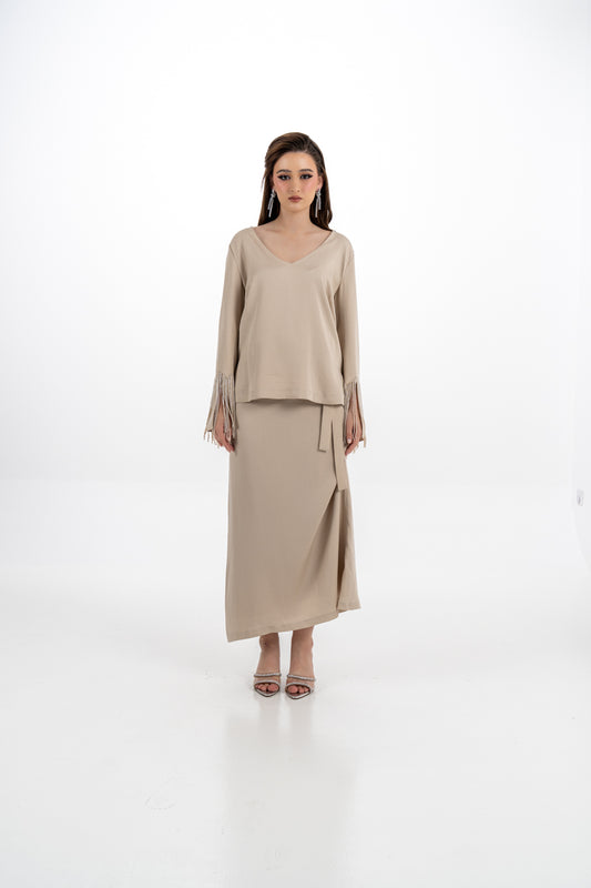 V-Neck Blouse with Beaded Fringe Sleeves