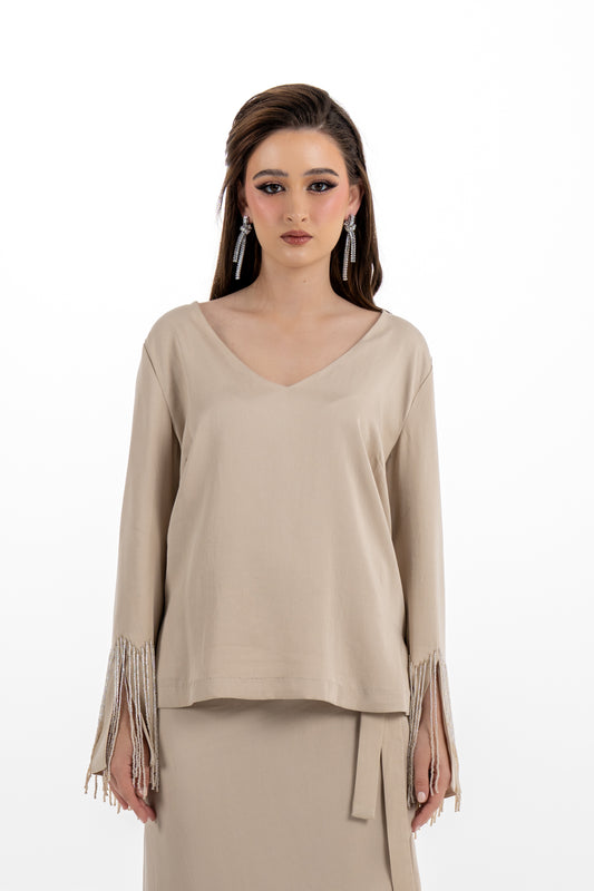 V-Neck Blouse with Beaded Fringe Sleeves