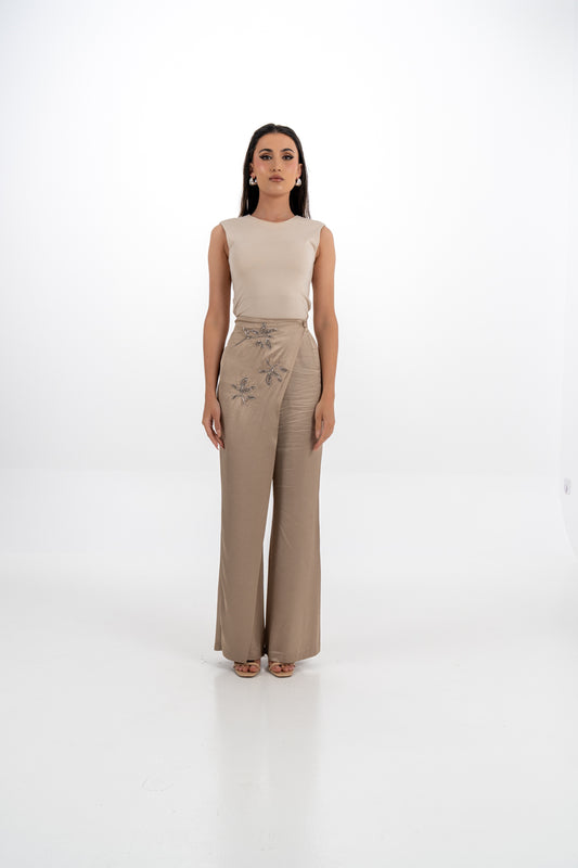 Draped Satin Pants with Metallic Leaf Embellishments