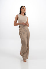 Draped Satin Pants with Metallic Leaf Embellishments