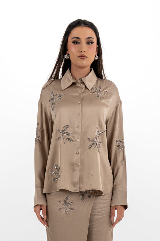 Embellished Satin Shirt with Metallic Leaf Embellishments