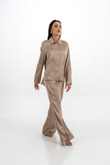 Draped Satin Pants with Metallic Leaf Embellishments