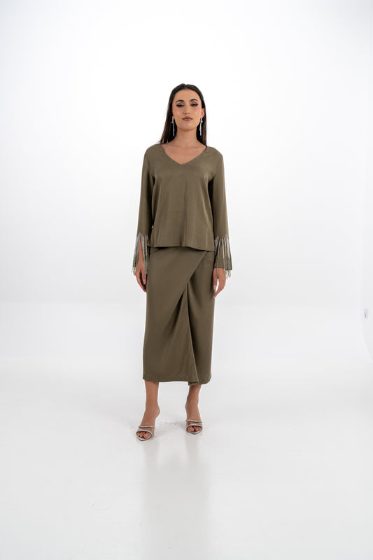 V-Neck Blouse with Beaded Fringe Sleeves