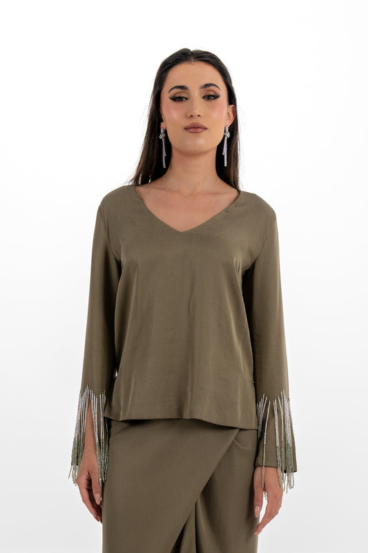 V-Neck Blouse with Beaded Fringe Sleeves