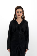 فستان سهرة ميتاليك بطيات أنيقة وخصر مجعد