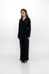 فستان سهرة ميتاليك بطيات أنيقة وخصر مجعد