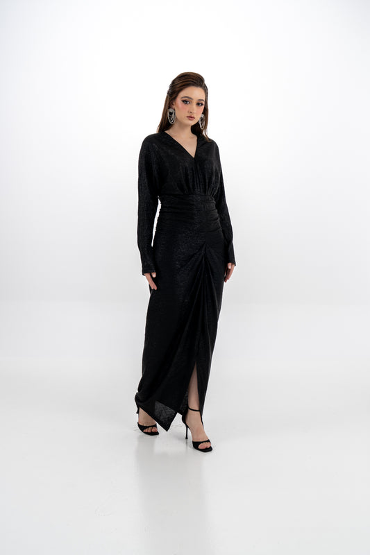 Metallic Draped Evening Gown with Ruched Waist