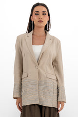 Tailored Linen-Blend Jacket with Embellished Sleeves