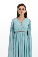 Crystal-Trimmed Pleated Cape Gown