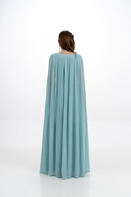Crystal-Trimmed Pleated Cape Gown