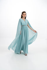 Crystal-Trimmed Pleated Cape Gown