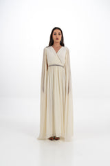 Crystal-Trimmed Pleated Cape Gown