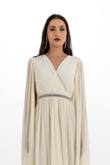 Crystal-Trimmed Pleated Cape Gown