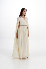 Crystal-Trimmed Pleated Cape Gown