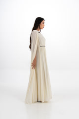 Crystal-Trimmed Pleated Cape Gown