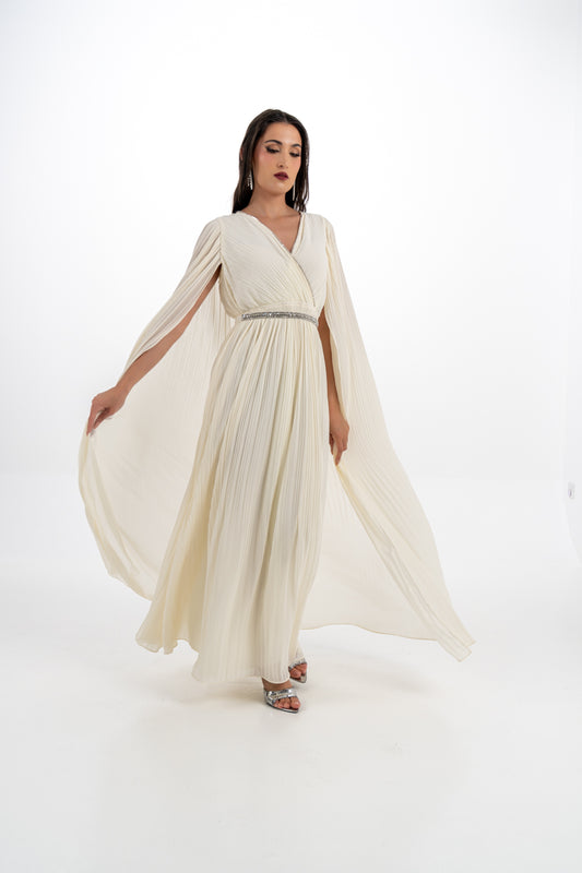 Crystal-Trimmed Pleated Cape Gown