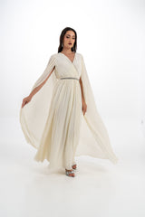 Crystal-Trimmed Pleated Cape Gown
