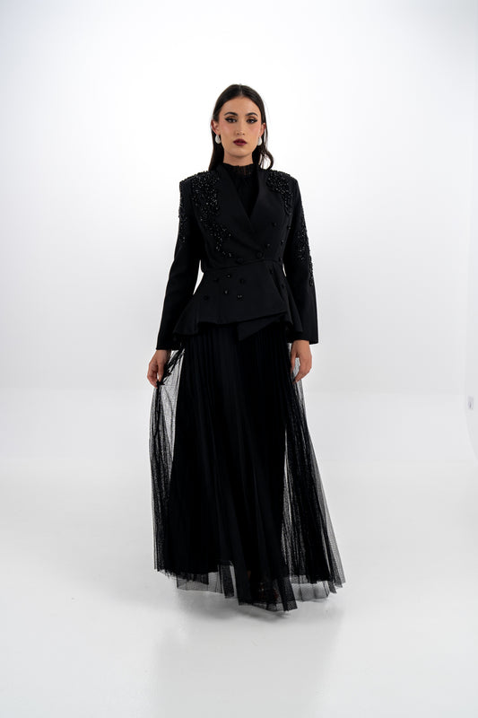 Pleated Maxi Dress with Removable Embellished Jacket