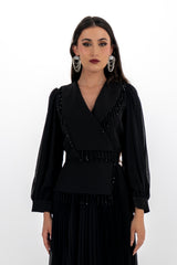 فستان ماكسي بكسرات أنيق مع تطريز خرزي فاخر