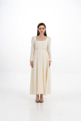 Elegant Long-Sleeve Maxi Dress with Embellished Pleats