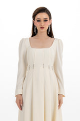 Elegant Long-Sleeve Maxi Dress with Embellished Pleats