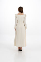 Elegant Long-Sleeve Maxi Dress with Embellished Pleats