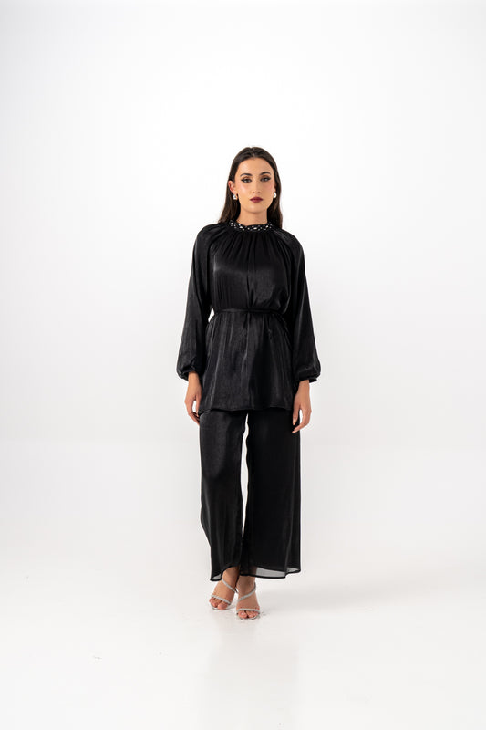 Wide-Leg Shimmer Pant with Elastic Waist