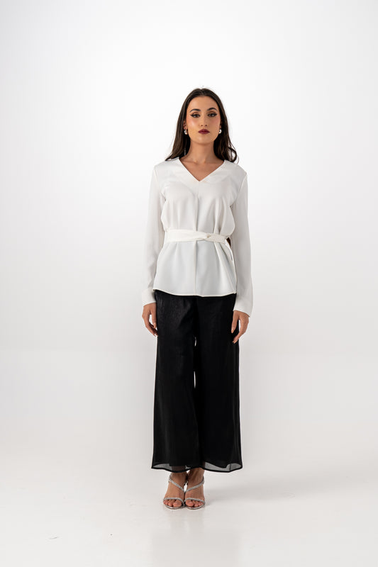 Minimalist Belted Blouse with V-Neckline