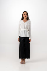 Minimalist Belted Blouse with V-Neckline