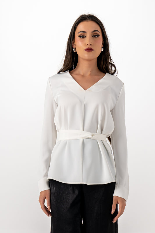 Minimalist Belted Blouse with V-Neckline