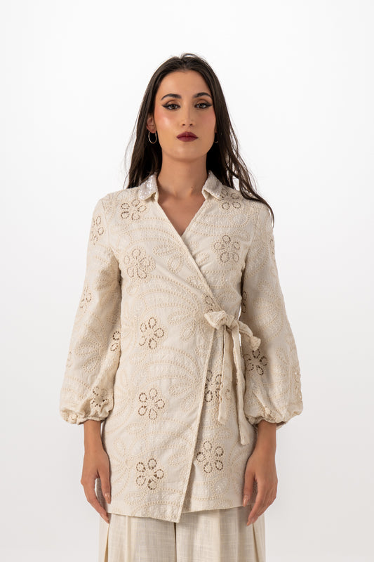 Chic Embroidered Wrap Blouse
