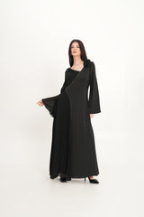 Asymmetric Pleated Dress with Shoulder Flower & Crystal Trim