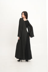 Asymmetric Pleated Dress with Shoulder Flower & Crystal Trim