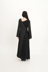 Asymmetric Pleated Dress with Shoulder Flower & Crystal Trim