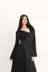Asymmetric Pleated Dress with Shoulder Flower & Crystal Trim