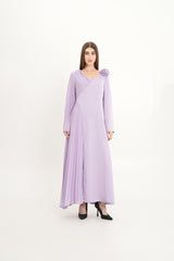 Asymmetric Pleated Dress with Shoulder Flower & Crystal Trim