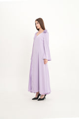 Asymmetric Pleated Dress with Shoulder Flower & Crystal Trim