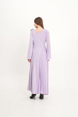 Asymmetric Pleated Dress with Shoulder Flower & Crystal Trim