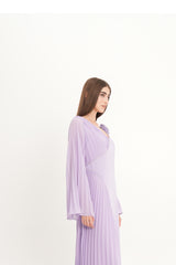 Asymmetric Pleated Dress with Shoulder Flower & Crystal Trim