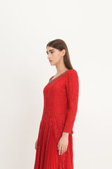 فستان دانتيل أنيق مع تنورة شيفون مطوية وتطريز كريستالي عند الرقبة