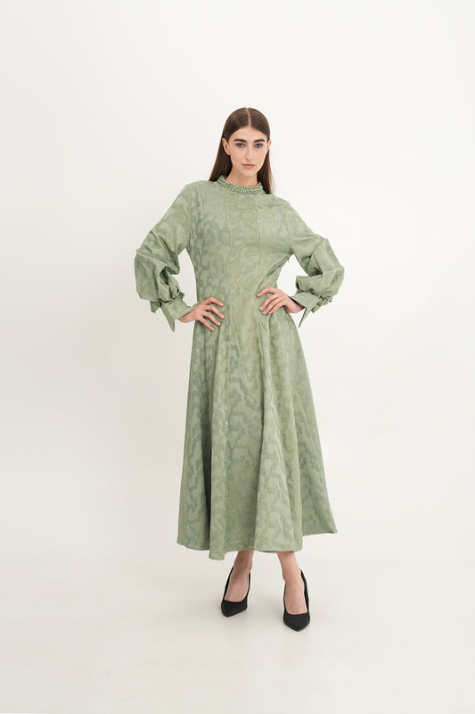 Elegant Jacquard A-Line Dress with Statement Neckline