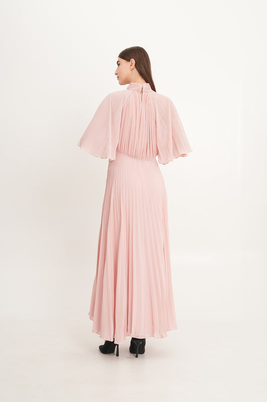 Pleated Chiffon Maxi Dress with Cape Sleeves & Removable Floral Neck Detail