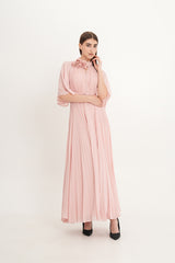 Pleated Chiffon Maxi Dress with Cape Sleeves & Removable Floral Neck Detail